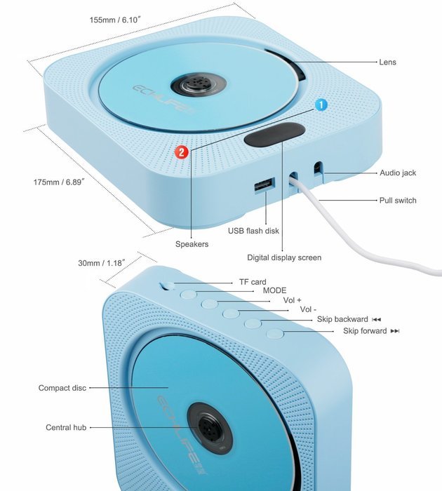 ECHLIFE Latest Wall-mounted Bluetooth Hi-Fi CD Music Player with Remote Control, USB, TF Card, AUX In and Digital... N4