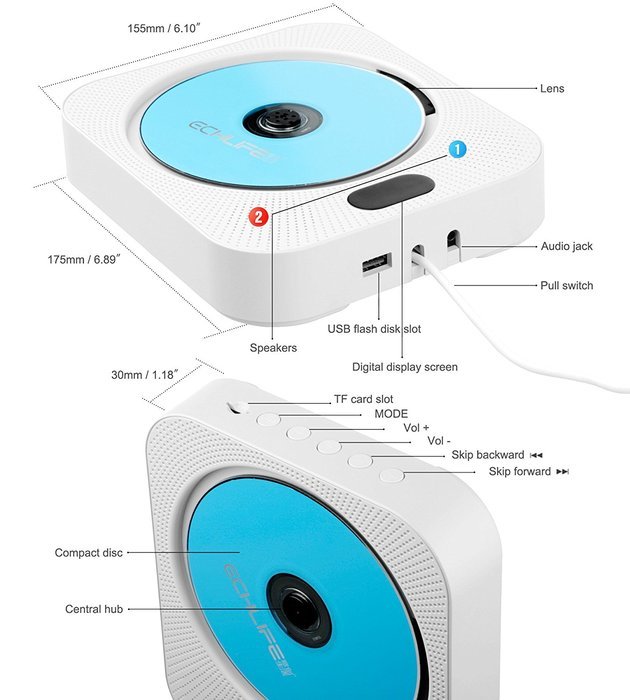 ECHLIFE Latest Wall-mounted Bluetooth Hi-Fi CD Music Player with Remote Control, USB, TF Card, AUX In and Digital... N6