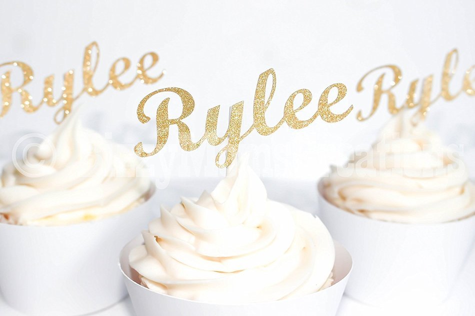 Personalized Birthday Cupcake Topper, set of 12 (Cursive number, first birthday party supplies, full word cursive...