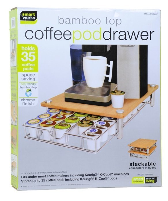 Bamboo Top Coffee Pod Drawer for Keurig Compatible Single Serve K-cups ~ Holds 35 K-cups