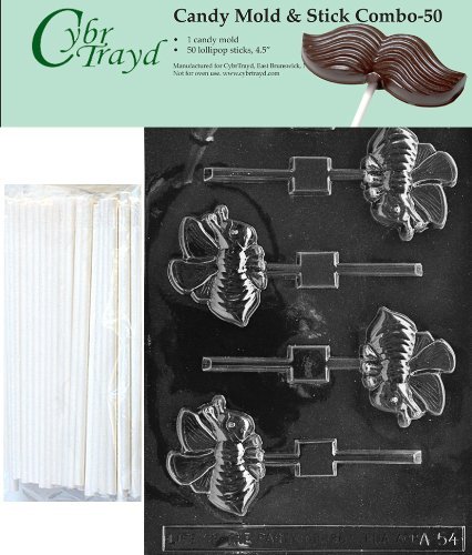 Cybrtrayd 45St50-A054 Bee Lolly Chocolate Candy Mold with 50 Cybrtrayd 4.5" Lollipop Sticks