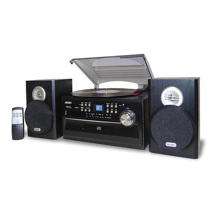Jensen Drive Belt Turntable w/ AM/FM, Cartridge, Cassette, CD, Needle Radio, Record Player & Stereo Speakers (...