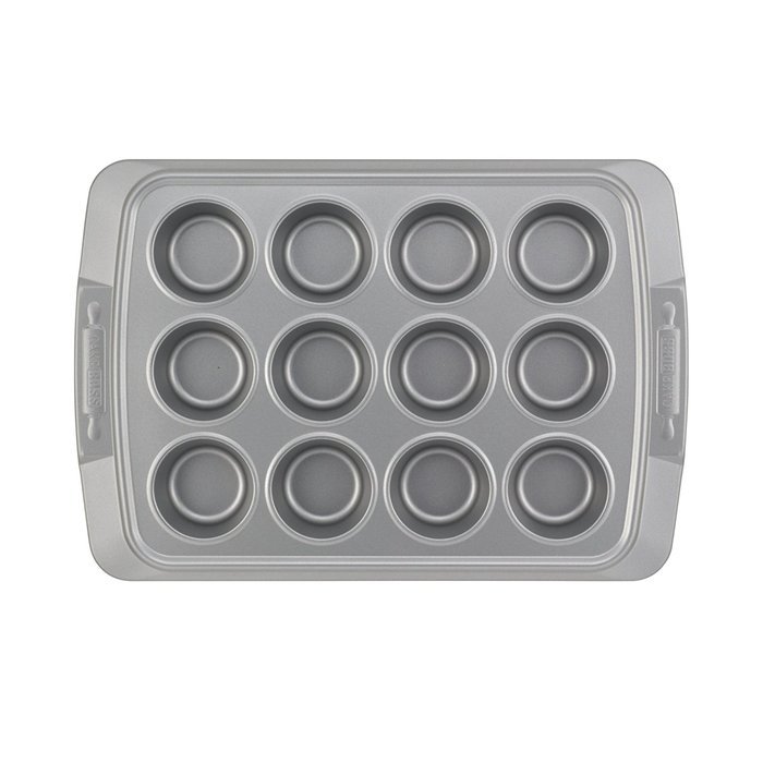 Cake Boss Deluxe Nonstick Bakeware 12-Cup Muffin Pan, Gray with Red Silicone Grips N2