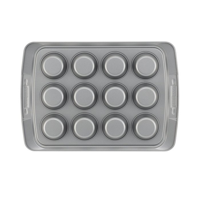 Cake Boss Deluxe Nonstick Bakeware 12-Cup Muffin Pan, Gray with Red Silicone Grips N3