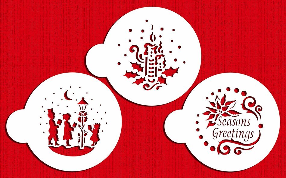 Designer Stencils C463 Seasons Greeting Cookies Stencils, (Seasons Greetings - Carolers - Candle and Holly), Beige...