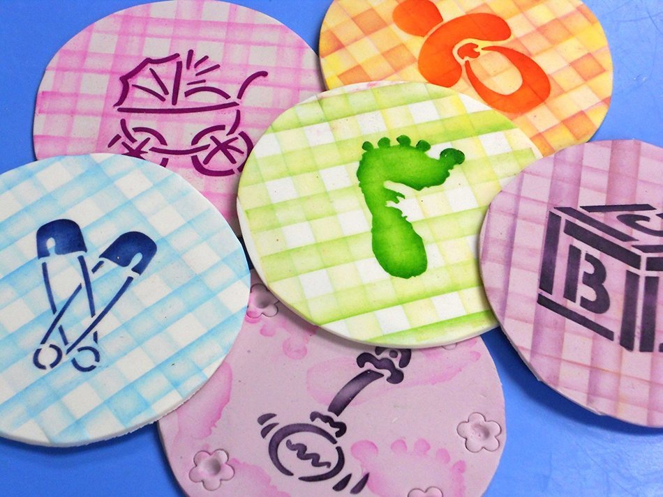 Designer Stencils C197 Baby Cookie and Cupcake Stencils (Large), Baby Carriage - Rattel - Pacifier - Block - Diaper... N3