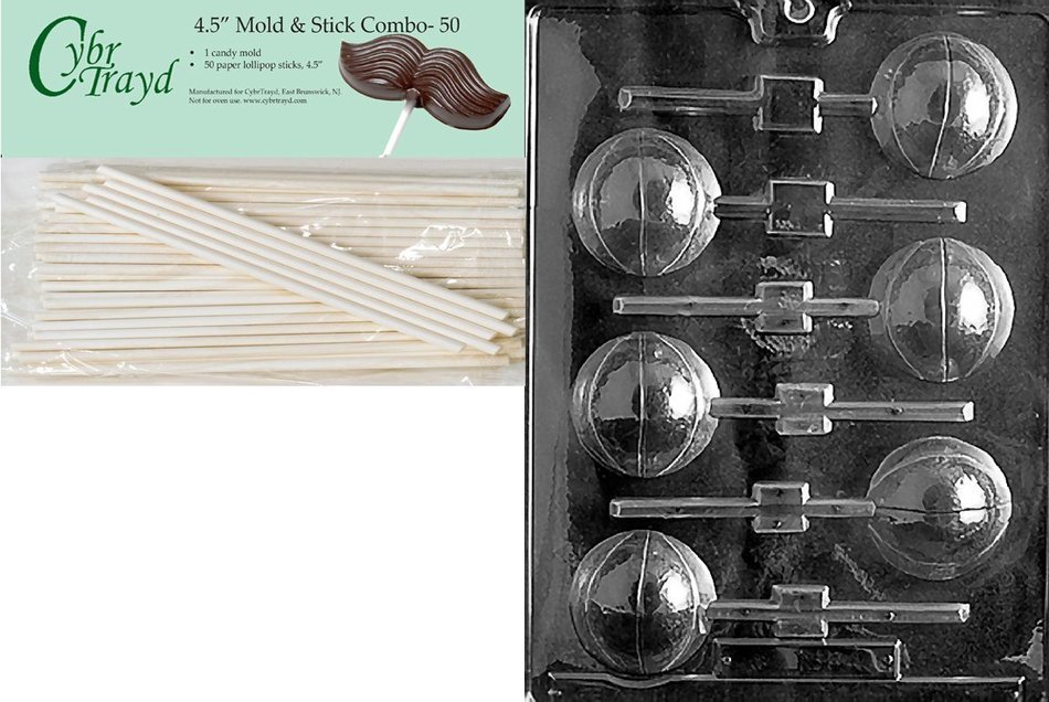 Cybrtrayd 45St50-S027 Basketball Lolly 3D Sports Chocolate Candy Mold with 50-Pack 4.5-Inch Lollipop Sticks