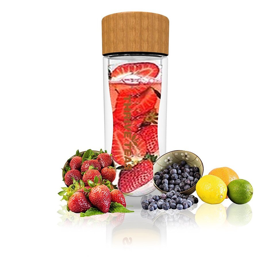 Thriveteas &ndash; Double Walled Glass Tea and Coffee Tumbler, Fruit Water Infuser - Glass Bottle with Bamboo Lid -... N2