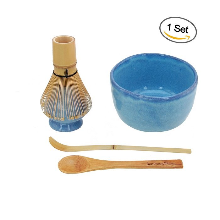 BambooMN Brand - Matcha Bowl Set (Includes Bowl, Rest,Tea Whisk, Chasaku, & Tea Spoon) 1 Set White N14