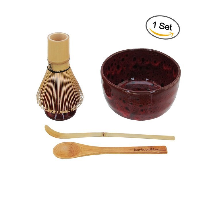 BambooMN Brand - Matcha Bowl Set (Includes Bowl, Rest,Tea Whisk, Chasaku, & Tea Spoon) 1 Set White N17
