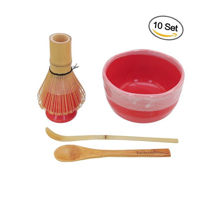 BambooMN Brand - Matcha Bowl Set (Includes Bowl, Rest,Tea Whisk, Chasaku, & Tea Spoon) 1 Set White N20