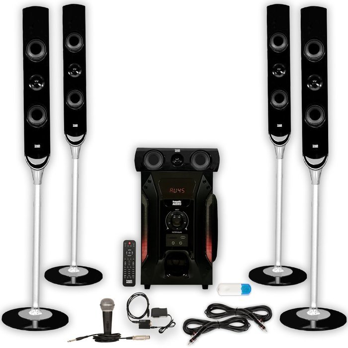 Acoustic Audio AAT1000 Tower 5.1 Speakers with USB Bluetooth Optical Input Mic and 2 Extension Cables N2