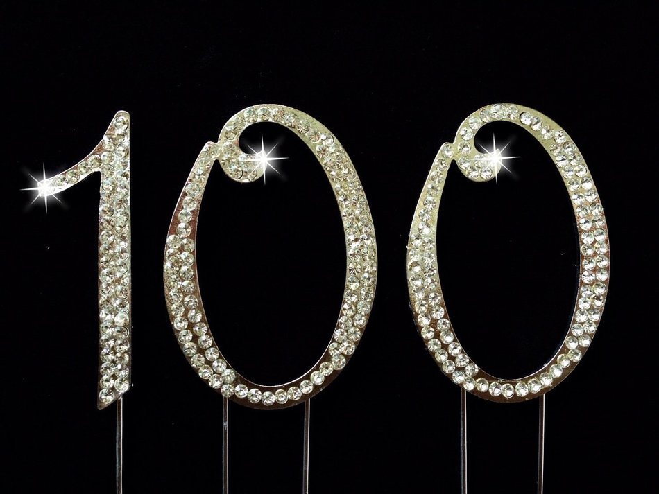 100th Birthday Cake Topper with Sparkling Rhinestone Crystals - 2.75" Tall - Cake Decoration Jewelry