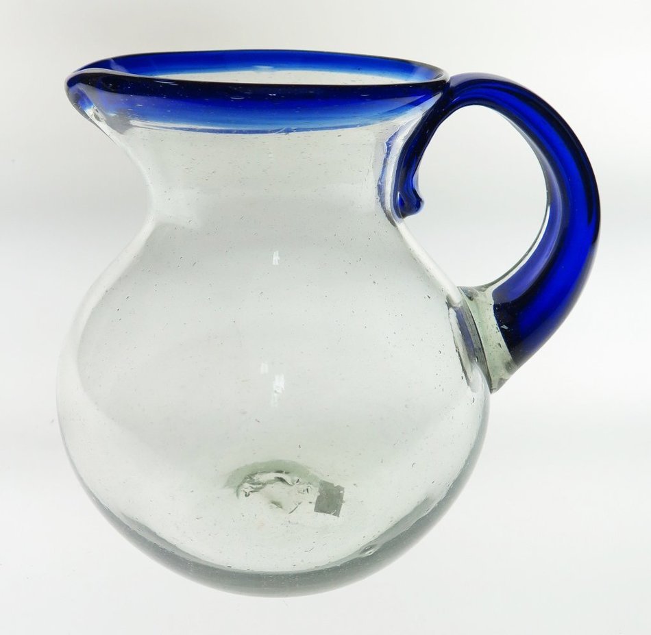 Mexican Glass Margarita or Juice Pitcher, Blue Rim, Bola or Bowl Shape 2+ Quarts N3