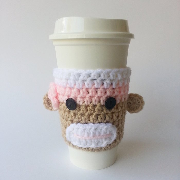 Crochet Coffee Sleeve - Beige White Pink with Pink Flower N2