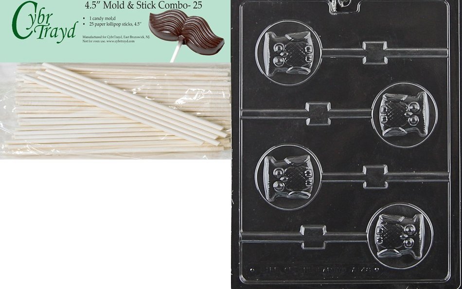 Cybrtrayd 45St25-A148 Owl Lolly Animal Chocolate Candy Mold with 25 4.5-Inch Lollipop Sticks