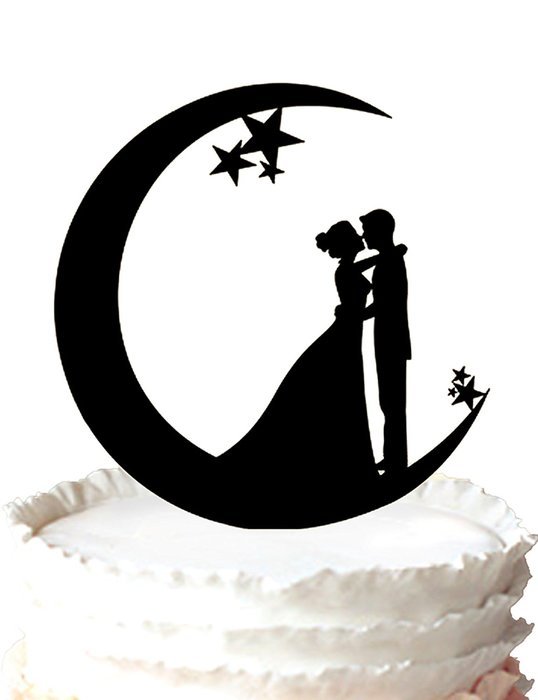Kaishihui Bride and Groom Silhouette Moon and Stars Cake Topper