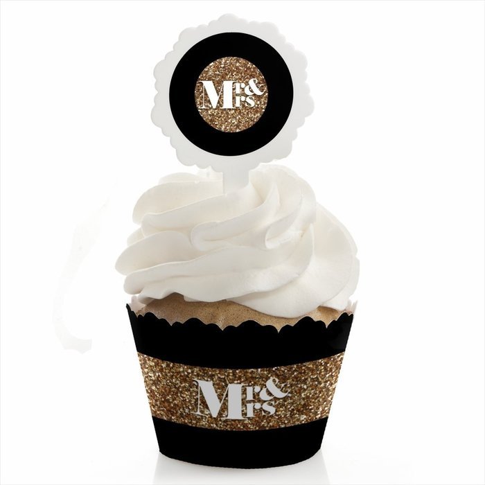 Mr. & Mrs. - Gold - Wedding Cupcake Wrapper & Pick Party Kit - Set of 24