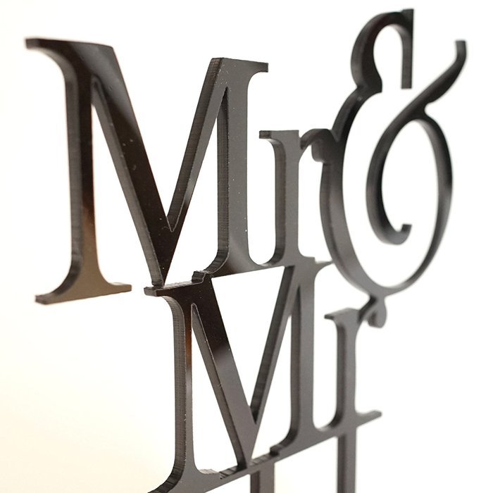 "Mr & Mr" Groom & Groom Silhouette Wedding Cake Topper Pick - High Gloss Black Finish N2