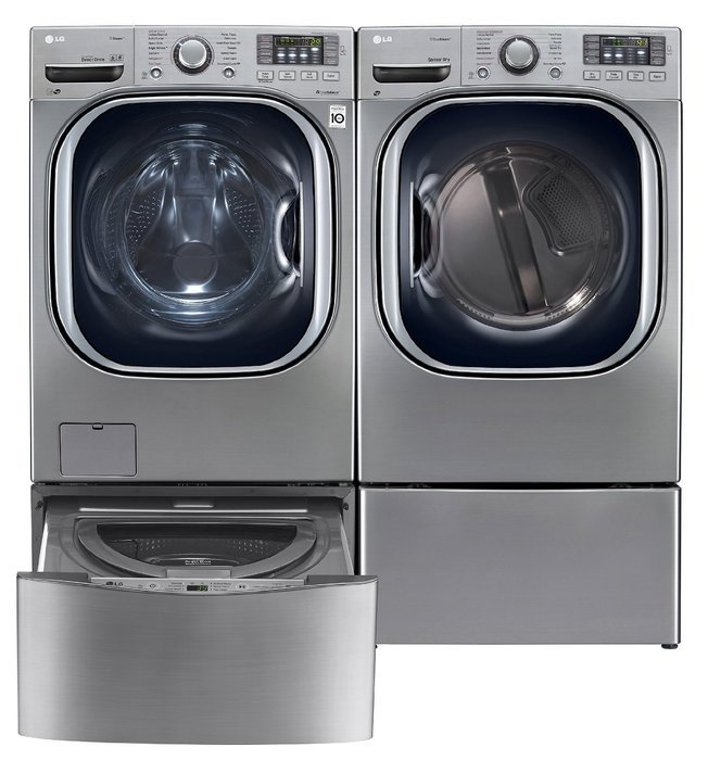 LG TwinWash Graphite Steel Front Load Laundry Pair with WM4270HVA 27" Washer, DLEX4270V 27" Electric Dryer, WD100CV...