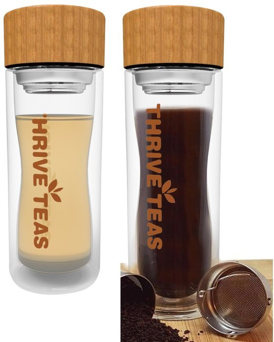 Thriveteas &ndash; Double Walled Glass Tea and Coffee Tumbler, Fruit Water Infuser - Glass Bottle with Bamboo Lid -... N3