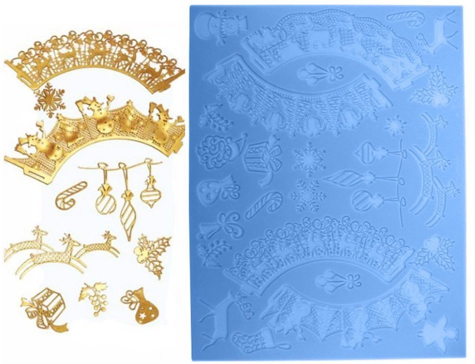 Lesirit Christmas Pattern Silicone Fondant Lace Embossed Cake Mold Mat,15.55" &times;11.81" (A) N4