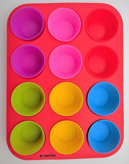 Muffin Pan & Cupcake Liners of Silicone by Le Cocina. Safe & Easy to Clean includes a 12 cup red silicone cupcake... N3