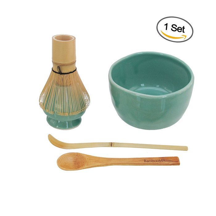 BambooMN Brand - Matcha Bowl Set (Includes Bowl, Rest,Tea Whisk, Chasaku, & Tea Spoon) 1 Set White N25