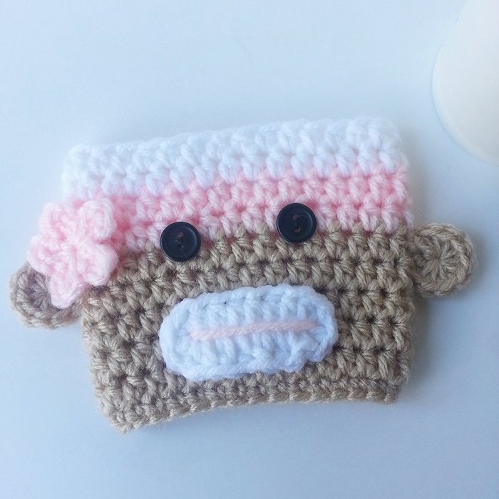 Crochet Coffee Sleeve - Beige White Pink with Pink Flower N3
