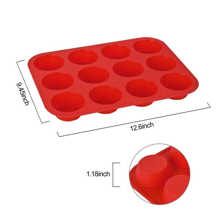 Lackingone Muffin Cupcake Pans 12 Round Cup Silicone Baking Mold Nonstick Bakeware Tray Set Red N5