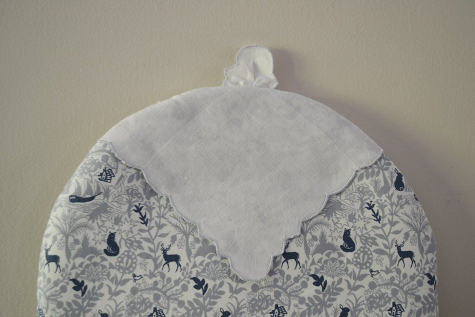 Large Up-cycled Insulated Artisanal Tea Cozy - Vintage Hand Embroidery - One of a Kind - White Blue and Gray