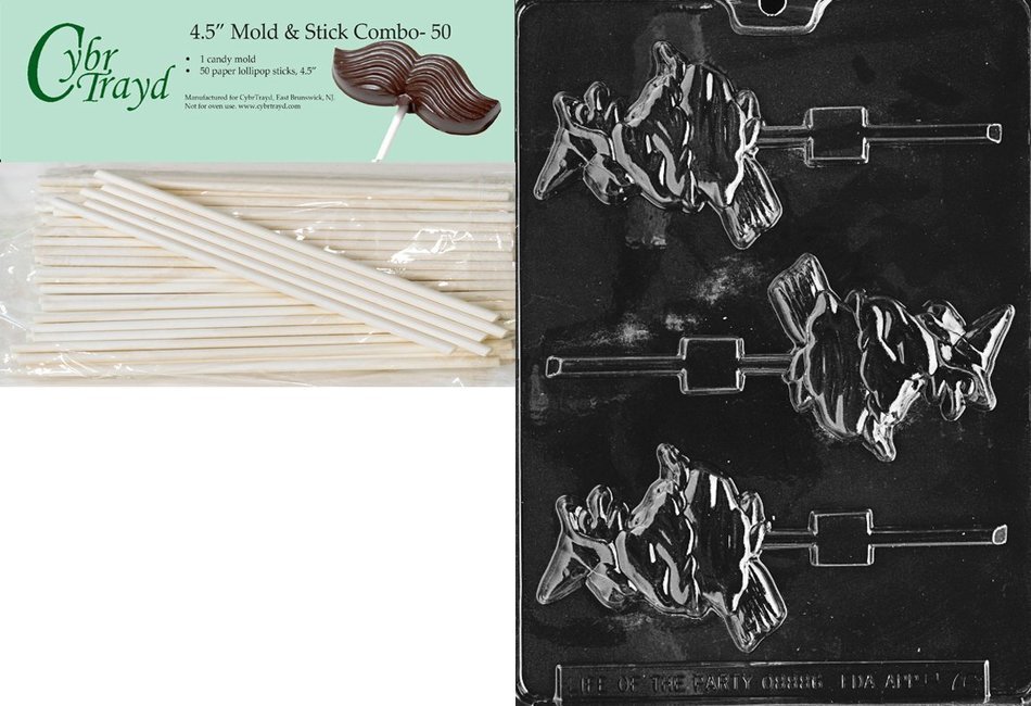 Cybrtrayd 45St50-H076 Witch on Broom Lolly Halloween Chocolate Candy Mold with 50 4.5-Inch Lollipop Sticks