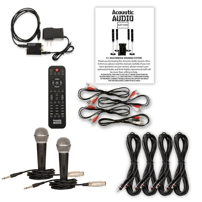 Acoustic Audio AAT1000 Tower 5.1 Speaker System with Optical Input 2 Mics and 4 Extension Cables