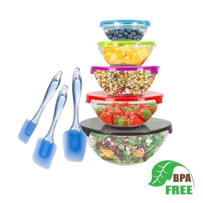 Glass Mixing Bowls Set with Colored Lids and LP 3-Piece Silicone Spatula Set. Great Fruit Bowl with Lid N2