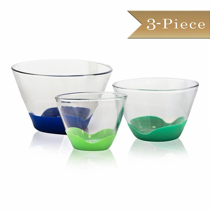 Set of 3 - Tall Glass Mixing Bowls with No-Slip Base in 3 Sizes - 1 QT, 2 QT, and 4 QT N4