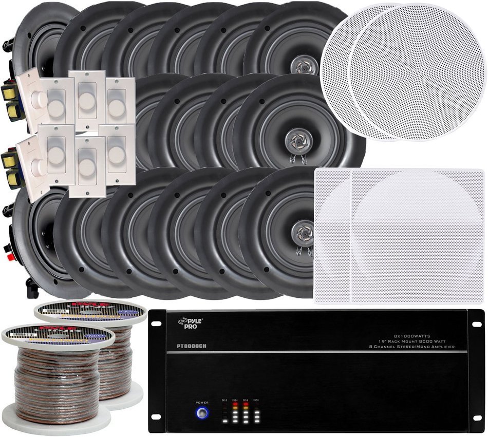 8-room In-Ceiling 6.5" Speaker System, 8-Channel Amplifier, (16) 6.5" Speakers, 8 Volume Controls, 1000 FT Wire