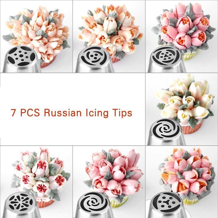 Mysweety Russian Piping Tips, 18PCS Icing Decorating Tips Set(7 Russian Tips 10 Disposable Pastry Bags 1 Tri-Color... N3