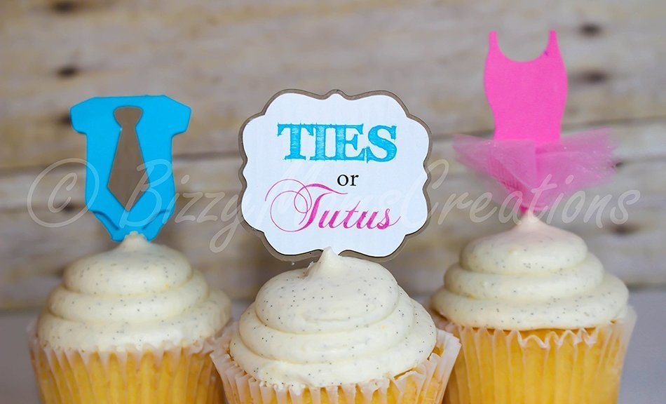 Set of 12 - Gender reveal Ties or Tutus baby shower Cupcake Toppers N2