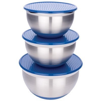 MIU France Stainless Steel Mixing Bowls with Blue Plastic Lids, Set of 3 N3