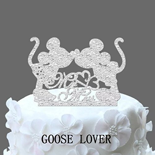 GOOSE LOVER(TM) 2 Mice Silhouette Cake Topper, Mr And Mrs Wedding Cake Topper With Heart Decor, Cartoon Wedding...