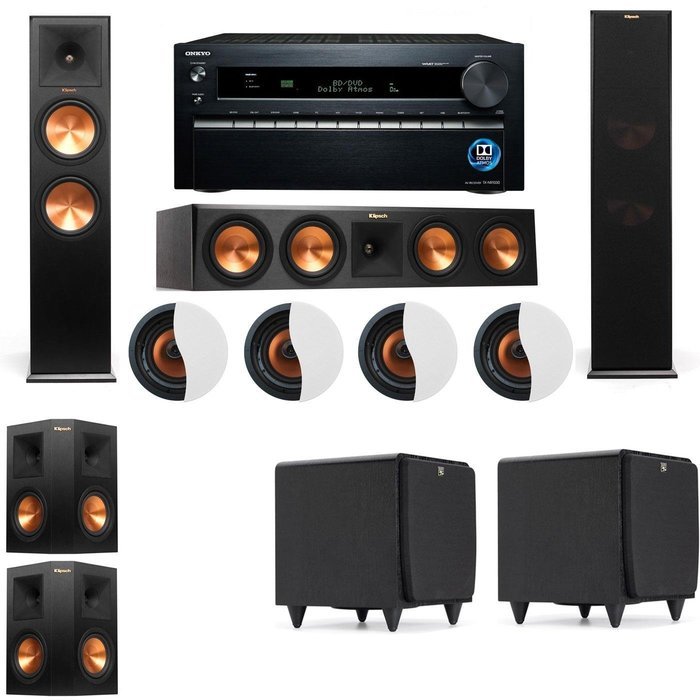 Dolby Atmos 5.2.4 Klipsch RP-280F Tower Speakers SDS12 with Onkyo TX-NR1030