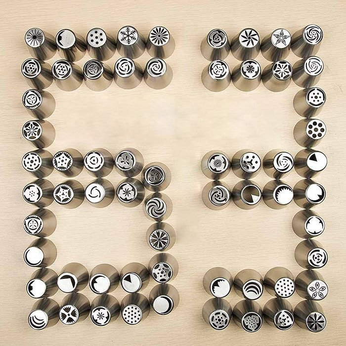 Full Model Russian Piping Tips Set 63 Nozzles + 100 Pastry Bags + 2 Tri-Color Coupler + 2 Tip Brush + 100 Disposable... N7