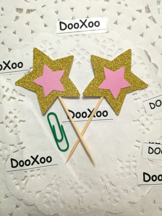 DOOXOO Gold and Pink Glitter Star Cupcake Toppers, Party Decor, New Years Eve, Wedding, Double-Sided, Set of 12 N2