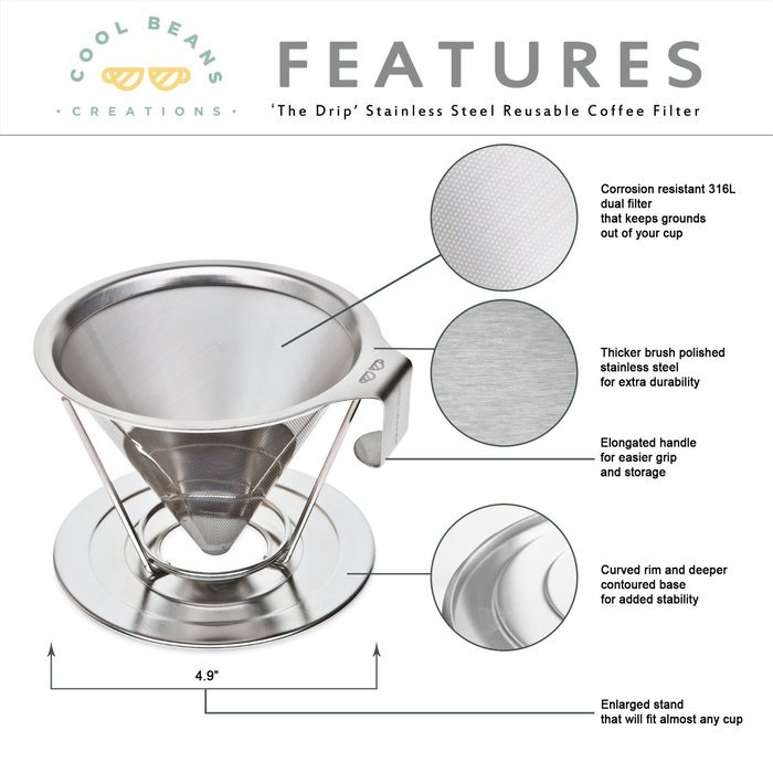 Reusable Pour Over Coffee Filter with Upgraded Cup Stand, Handle, and Stainless Steel - Portable Paperless Drip...