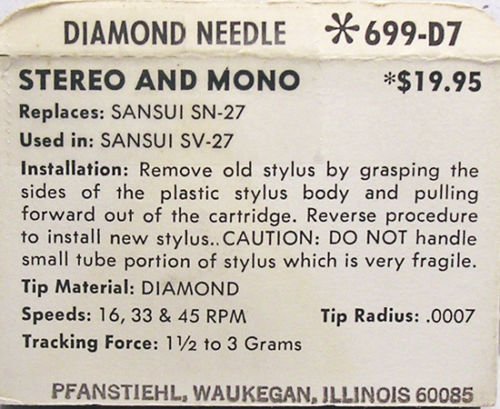 NEW IN BOX RECORD PLAYER NEEDLE FOR SANSUI SV 27 SN SV27 SN27 699-D7 N3