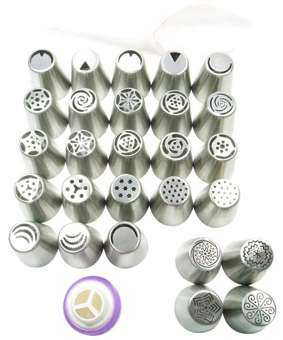 Latest Pridebit Holiday Russian Piping Tips(4 Holiday Edition Nozzles+23 Popular Nozzles)10 Pastry Bags 1 Coupler N4