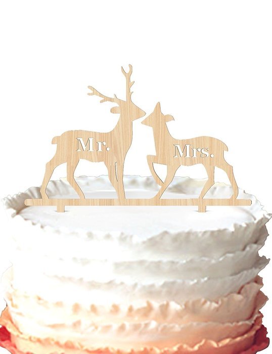 2 Deers with Mr and Mrs Wedding Cake Toppers Personalized Rustic Wood Keepsake Cake Toppers
