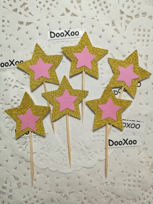 DOOXOO Gold and Pink Glitter Star Cupcake Toppers, Party Decor, New Years Eve, Wedding, Double-Sided, Set of 12 N3