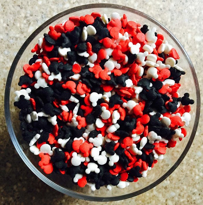 Mickey Mouse Red, White & Black Quins. Mickey Cupcake Sprinkles. 6oz.