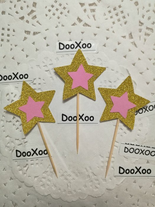 DOOXOO Gold and Pink Glitter Star Cupcake Toppers, Party Decor, New Years Eve, Wedding, Double-Sided, Set of 12 N5